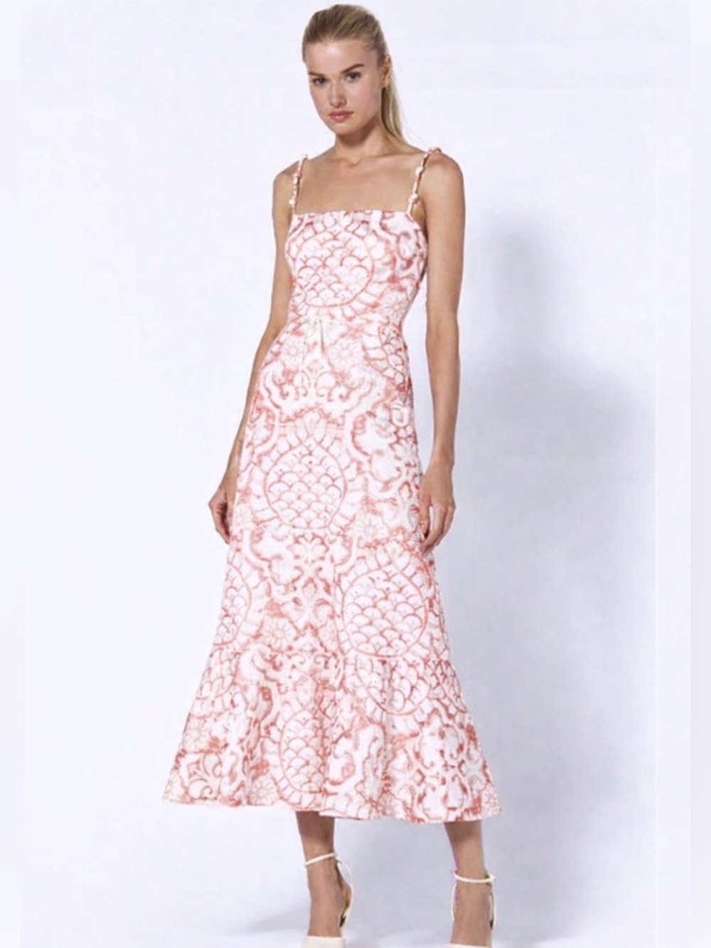 Alexis Nolana Midi Dress Pink Embroidered Cotton A-Line Flounce Hem Size Medium